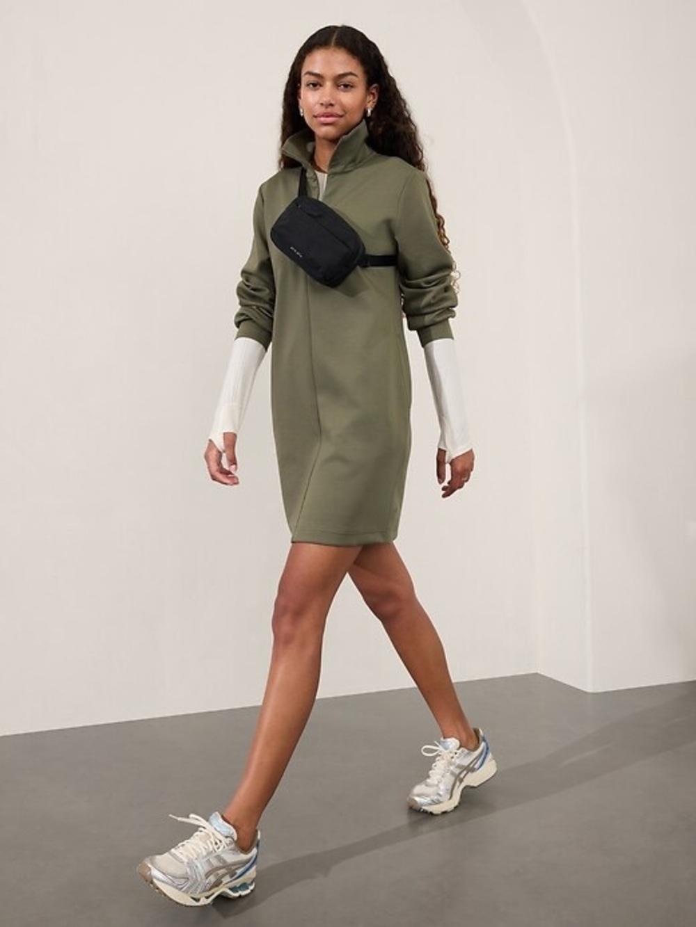 Athleta Allure Quarter Zip Dress in Olive Green size S